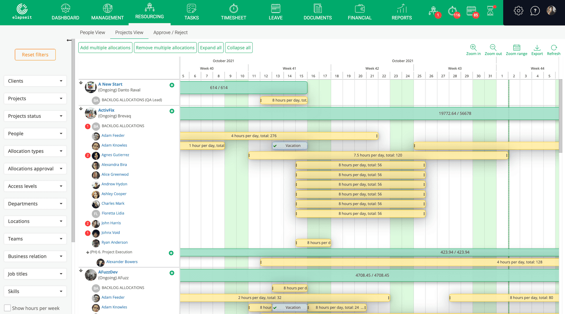 The Project view in elapseit Resource Planner shows allocations on each project.