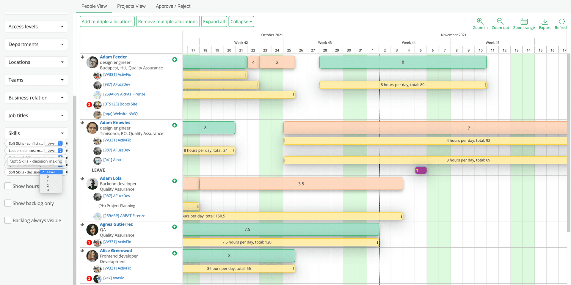 Make a skills selection in the resource planner then allocate resources on your projects