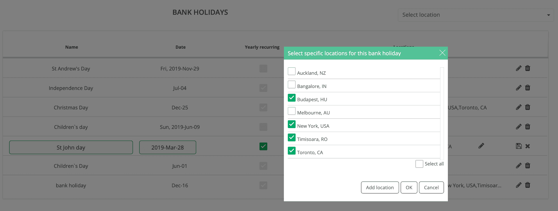 Add bank holidays specific for each location.